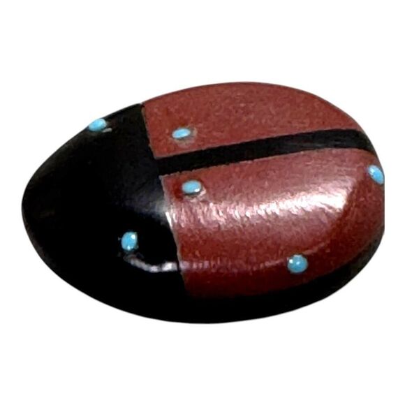 Vtg Native American Zuni Hand Carved Coral Ladybug Fetish Black Onyx Turquoise - Picture 1 of 6